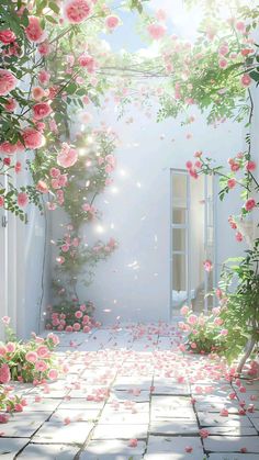 an open doorway with pink flowers on the outside and light coming through it in the middle