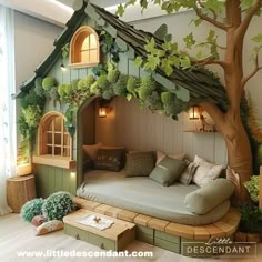 a tree house bed in the middle of a room