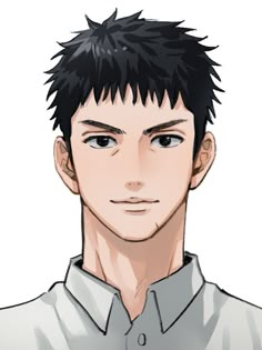 an anime man with black hair and blue eyes looking at the camera, wearing a gray shirt