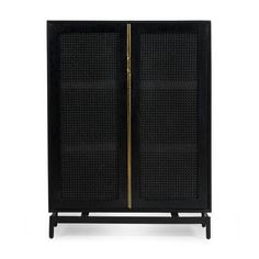 a black cabinet with gold trimmings on the front and side doors, it has a