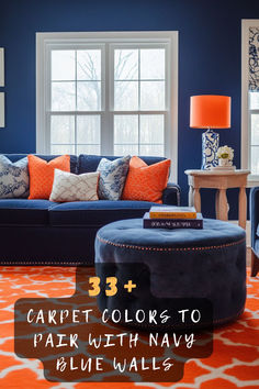 a living room with blue walls and orange accents