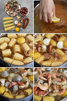 four pictures showing the process of making shrimp boil and corn on the cob with potatoes