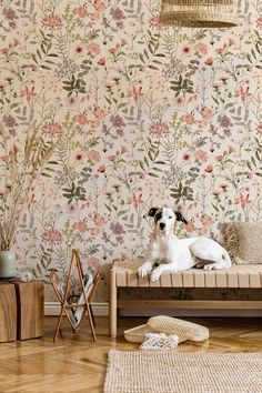 a dog is sitting on a bench in front of a floral wallpapered room