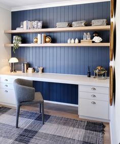 a chair and desk in a room with blue walls