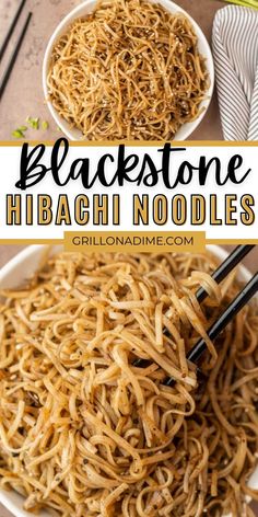 black stone hiaachi noodles in a white bowl with chopsticks on the side