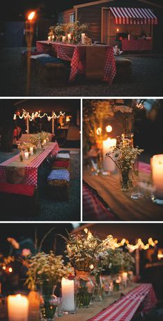 the table is set with candles and flowers for an outdoor dinner party or wedding reception