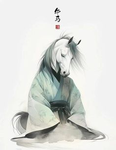 a white horse wearing a green and black kimono sitting on the ground with its head down