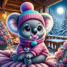 a painting of a baby koala wearing a pink hat and sweater sitting in front of a snowy landscape