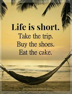 a hammock hanging from the side of a palm tree with a quote about life is short take the trip buy the shoes eat the cake