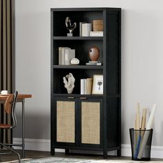 a black bookcase with wicker baskets in the front and side panels on each shelf