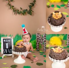 a baby is sitting in front of a cake with a lion on it and wearing a party hat