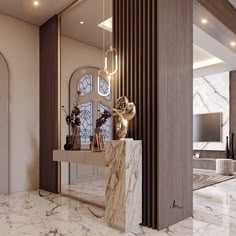 an elegant living room with marble floors and walls