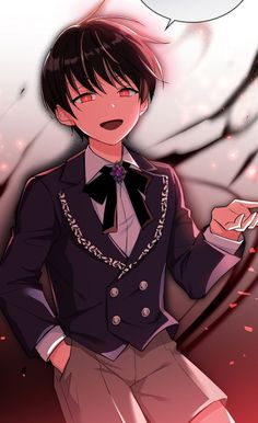 an anime character with black hair wearing a suit and holding his hand out to the side