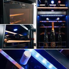 several different views of the inside of a wine cellar with bottles and lights in it