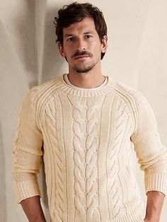 Using the luxurious nature of linen spun with the sumptuous softness of cotton, this splendid sweater employs staghorn cables to add timeless texture with a subtle, rolled collar that sits a little higher than a classic crew-neck.  Rolled, high crew Punk Pins, Rolled Collar, Sweater Men, Mens Fashion Suits, Mens Fall, Well Dressed Men, Outfit Inspo Fall, Business Casual Outfits, Fall Sweaters