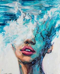 a painting of a woman's face with water splashing over her head and hair