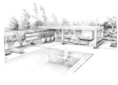 a drawing of a pool and patio area