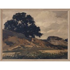 an image of a painting with mountains in the background and trees on the other side