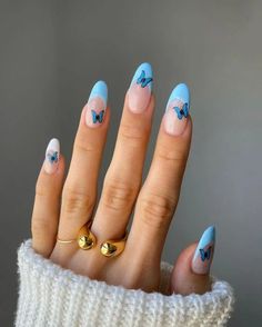 31 Best French Tip Nail Ideas - Paisley & Sparrow Ongles Baby Blue, Light Blue Nails, Baby Blue Nails, Butterfly Nail Art, Cute Spring Nails, Pink Gel, Smink Inspiration