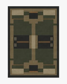 an area rug with different colors and designs on it, including black, green, beige and brown