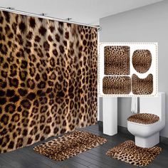 a bathroom with leopard print on the shower curtain, toilet and rugs in it