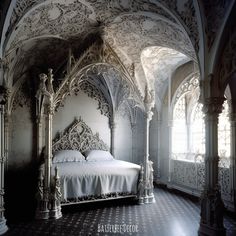 Gorgeous White Gothic Bedroom White Goth Room, White Gothic Bedroom, Dracula Decor, White Gothic Aesthetic, White Gothic Decor, Mansion Bedrooms, Gothic Bedroom Furniture, Dark Color Schemes