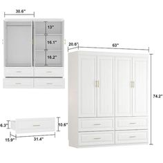 the measurements for an armoire with drawers and doors are shown in two different sizes