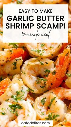 shrimp scampp in garlic butter sauce on a white plate with text overlay