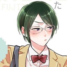 an anime character with green hair wearing glasses and a bow tie, looking at his cell phone