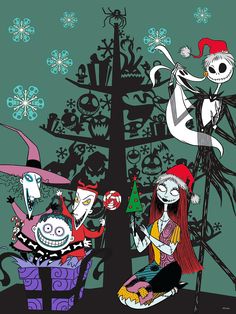 the skeleton family is sitting in front of a christmas tree with presents and gifts on it