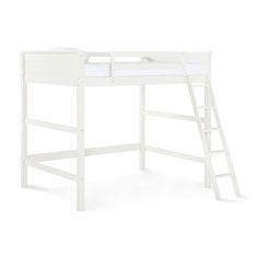 a white bunk bed with a ladder on the top and bottom side, against a white background