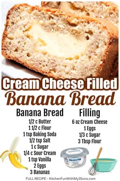 the recipe for banana bread is shown in this advertment, with information about how to make it