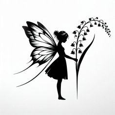 a black and white drawing of a fairy holding a flower