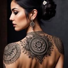 the back of a woman's body with intricate tattoos on her shoulder and neck