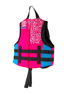 a life vest with pink, blue and black designs on the front is attached to a rope