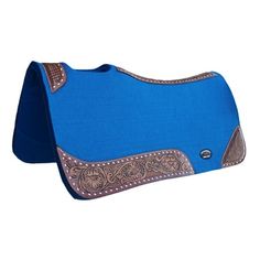 a blue saddle cover with brown accents