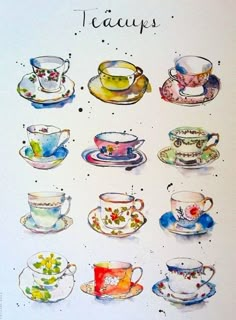 a drawing of tea cups and saucers with the words teacups on them