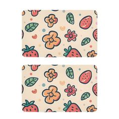 two placemats with flowers and strawberries on them, one has a flower