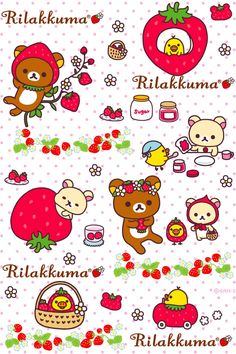 an animal themed wallpaper with various stickers on it's side and the words rilakumaa written in japanese