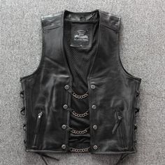 Lining Material: POLYESTER Style: Moto & Biker Material: leather Clothing Length: regular Outerwear Type: vest Gender: MEN eta = 2-3 weeks Stylish Leather Jacket, Harley Motorcycle, Rock Style Clothing, Motorcycle Vest, Biker Vest, Black Pants Men, Studs Men, Biker Leather, Vest Coat