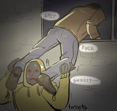 a cartoon depicting a man falling off his skateboard in front of a mirror with words written on it