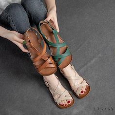 Lasaky - Classic Low-Cut Pure Leather Flat Shoes in Vintage Style for Casual Wear Roman Sandals, Summer Heels, Roman Fashion, Vintage Suede, Casual Slippers, Buckle Sandals, Pig Skin, Sandals For Women, Casual Flats