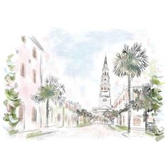 a drawing of a street with buildings and palm trees