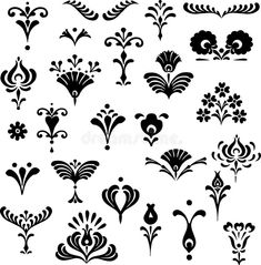 a set of black and white floral design elements, including swirls, flowers, hearts, leaves