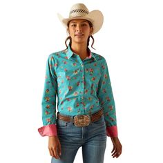 ARIAT INTERNATIONAL, INC. Shirts Ariat Women's Kirby Esmerelda Print Wrinkle Resist Long Sleeve Stretch Shirt 10048883 Button Ups, Spring Wardrobe, Western Shirts, Western Outfits, Western Wear, Kirby, Cotton Poplin, Chest Pocket, Product Features