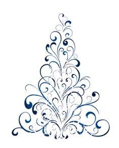 a blue and white christmas tree with swirly designs on it's side, against a white background