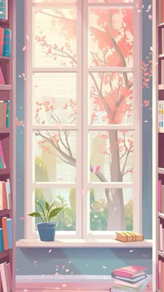 a room with bookshelves and a tree outside the window