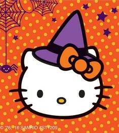 an image of a hello kitty with a witch's hat and spider web on it