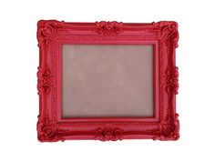 a red frame with an ornate design on the front and bottom, sitting against a white background