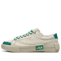 (WMNS) FILA FUSION Pop Skate Shoes 'Cream White Green' T12W218204FAA Cream Lace-up Sneakers For Summer, Cream Sneakers With Round Toe And Laces, Cream Canvas Sneakers With Laces, Cream Lace-up Canvas Shoes, Green Canvas Shoes With Rubber Sole And Flat Heel, Beige Vulcanized Canvas Shoes, Green Canvas Shoes With Flat Rubber Sole, Cream Canvas Shoes With Rubber Sole For Streetwear, Green Canvas Shoes With Rubber Sole